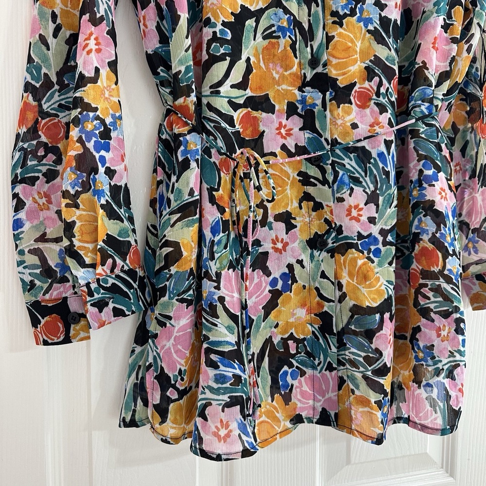 Promesa Tulum Black Floral Chiffon Button-Front Shirt Romper Long Sleeve Small - Picture 6 of 8
